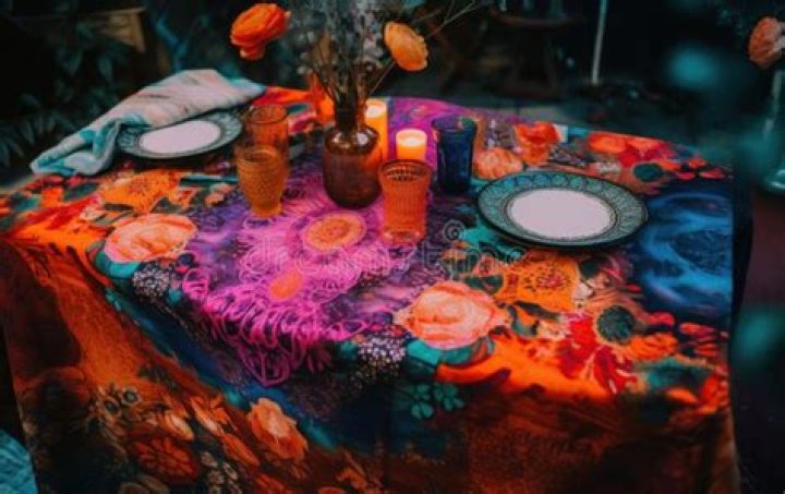 A table topped with colorful plates holding different dishes