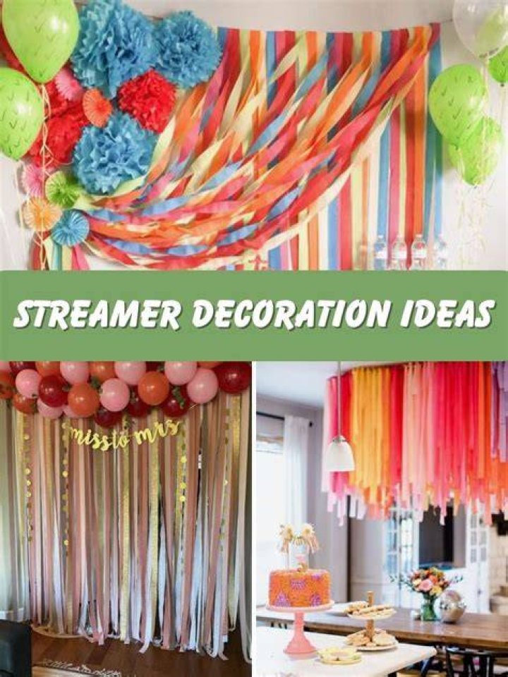 A wall covered in streamers with a neon sign that says "Let's Party"