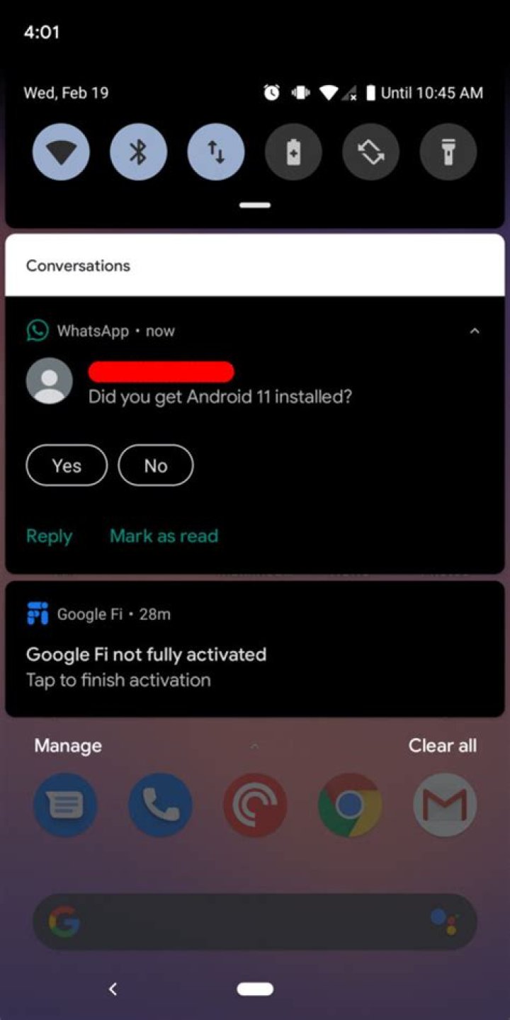 Android 11 has a conversations tab in notification shade