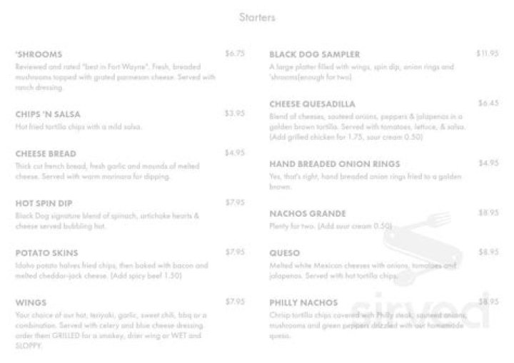Black Dog Pub menu in Scarborough, Ontario, Canada