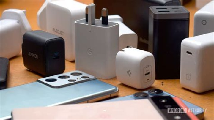 Galaxy iPhone and Pixel smartphones with selection of chargers