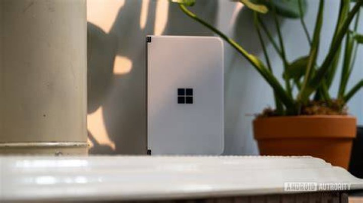 Microsoft Surface Duo standing straight up on counter Microsoft Surface Duo standing straight up on counter