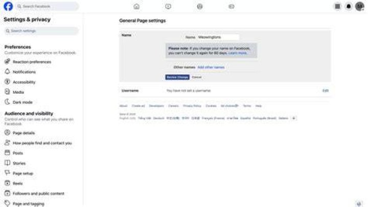 set up facebook page username